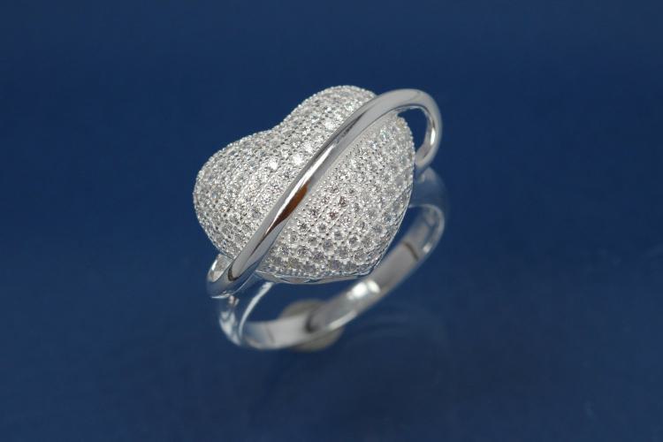Ring 925/- Silber Ringkopf herzförmig mit weißen runden Zirkonia