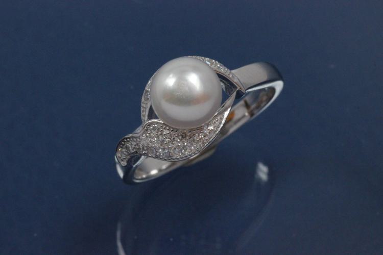 Ring im Perlring-Design 925/- Silber rhodiniert mit weißen Zirkonia und Süßwasserperle ca. Ø7,4mm (SWP), poliert
