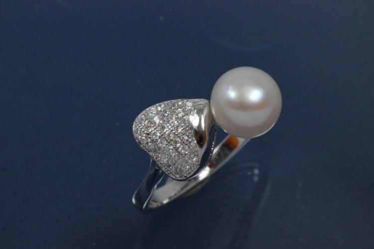 Ring mit Herzform im Perlring-Design 925/- Silber rhodiniert mit weißen Zirkonia und Süßwasserperle ca. Ø7,7mm (SWP), poliert