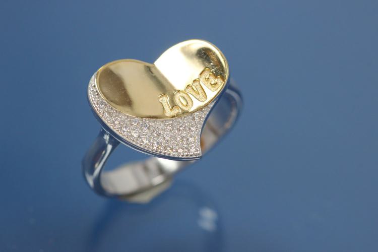 Ring bicolor with engraving Love 925/- Silver rhodium plated / partially gold plated, with white Cubic Zirconia
