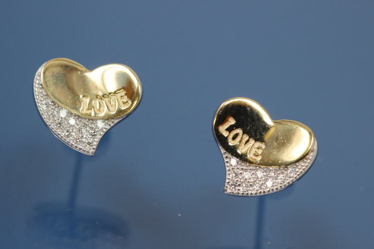 Earring post with Heart 925/- silver, engraved  LOVE, approx sizes H 10,0mm, B 11,5mm rhodium plated / partially gold plated with Zirconia