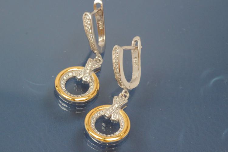 Earring with leverback 925/- silver approx sizes H 35,0mm incl. with security leverback, B 14,0mm rhodium plated / partially gold plated with Zirconia.