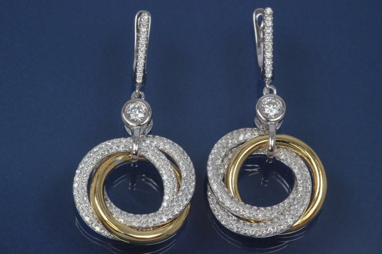 Earring with Rings 925/- silver approx sizes H 46mm, B 22mm rhodium plated / partially gold plated with Zirconia with security leverback