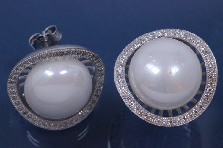 Ohrstecker Oval mit Perle 925/- Silber rhodiniert, ca.Maße H17,5mm,B17,5mm, MS9,5mm, Stift 10mm lang, AØ0,8mm, Shellperle Ø10,0mm,