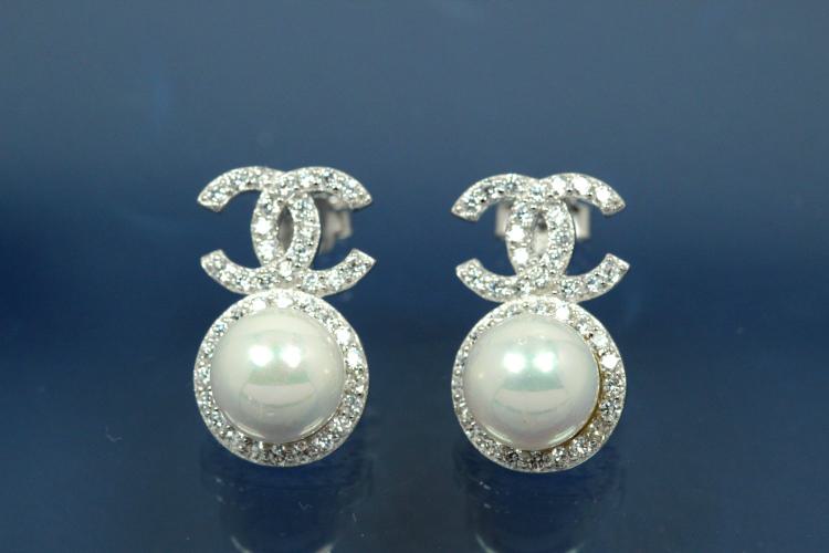 Earring post with Pearl approx size 17,5 x 10,5mm, with ca.Cubic Zirconia, polished, 925/- Silver rhodium plated