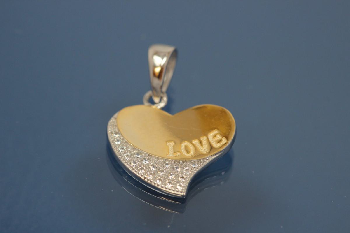 Pendant Heart 925/- silver, engraved  LOVE rhodium plated / partially gold plated with Zirconia,