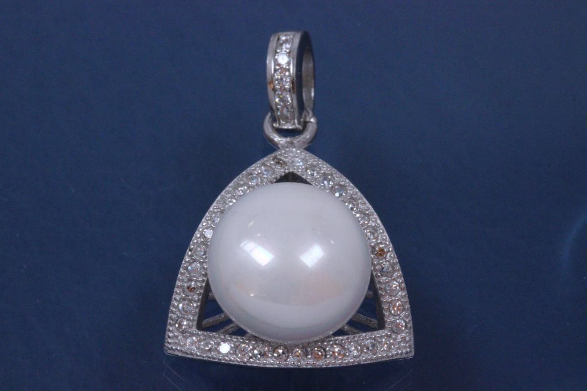Pendant in Triangel shape with shell pearl and Zirconia 925/- Silver rhodium plated,