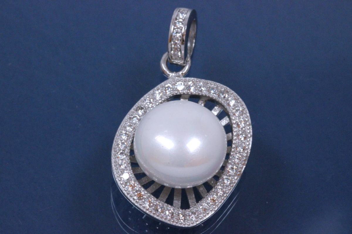 Pendant in curved Oval shape with shell pearl and Zirconia 925/- Silver rhodium plated,