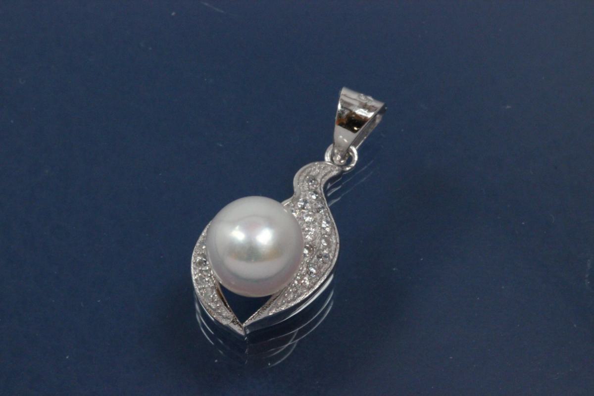 Pendant Two Halfmoon with FWP pearl and Zirconia 925/- Silver rhodium plated,