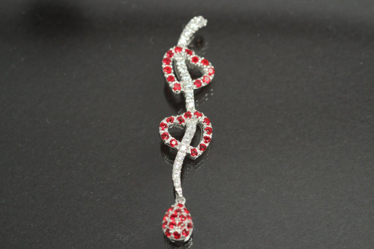 Pendant with two Hearts an bail on backside 925/- Silver rhodium plated with white and red Cubic Zirconia
