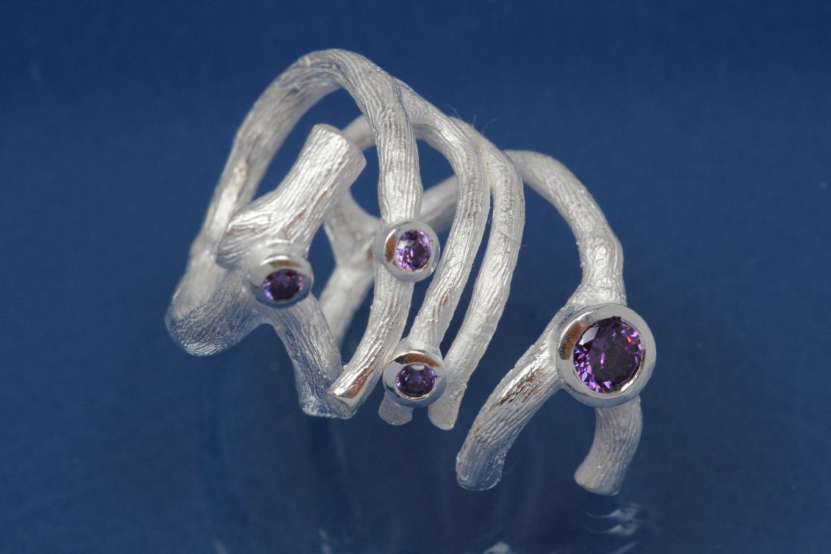 Ring, Tree Branch Design 925/- Silver, with amethyst color Cubic Zirconia