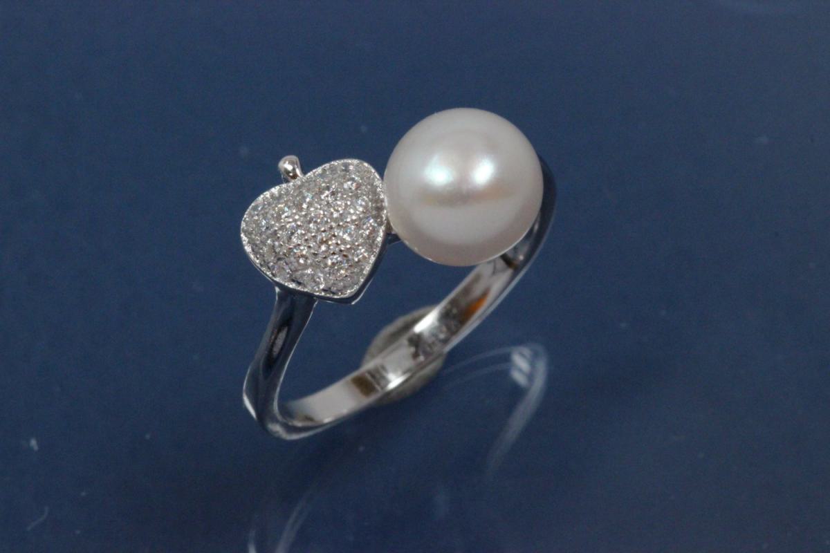 Ring Heart-Design 925/- Silver rhodium plated, with white Cubic Zirconia and Freshwater Pearl ca. Ø7,7mm (FWP)