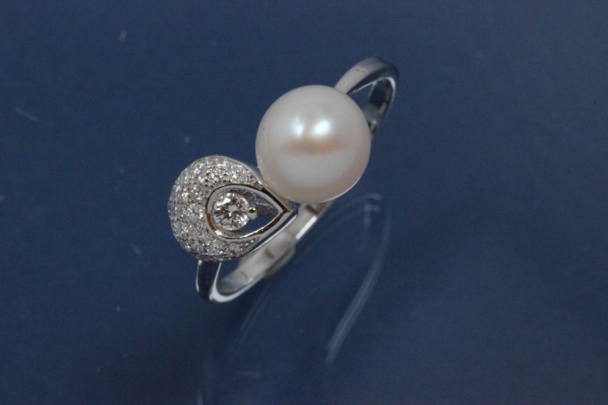 Ring Pearl-Design with teardrop 925/- Silver rhodium plated, with white Cubic Zirconia and Freshwater Pearl ca. Ø7,5mm (FWP)