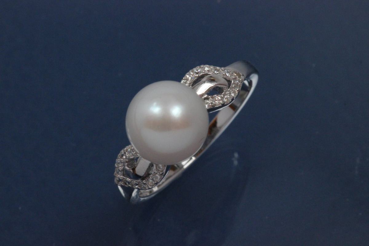 Ring Pearl-Design 925/- Silver rhodium plated, with white Cubic Zirconia and Freshwater Pearl ca. Ø9,0mm (FWP)