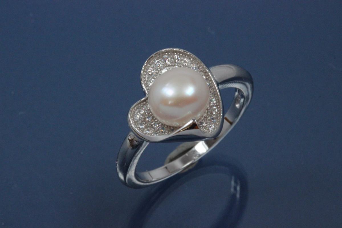 Ring Heart-Design with Pearls 925/- Silver rhodium plated, with white Cubic Zirconia and Freshwater Pearl ca. Ø7,5mm (FWP)