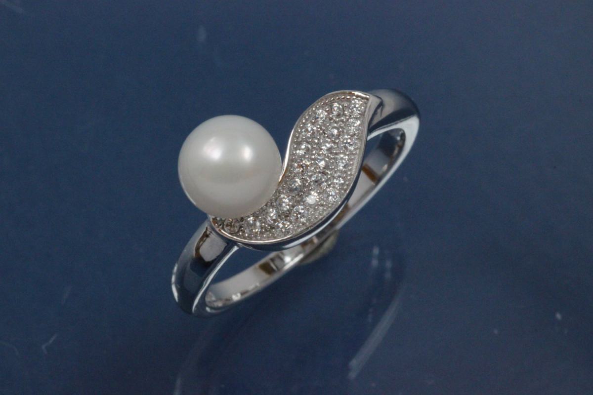 Ring Pearl-Design 925/- Silver rhodium plated, with white Cubic Zirconia and Freshwater Pearl ca. Ø6,8mm (FWP)