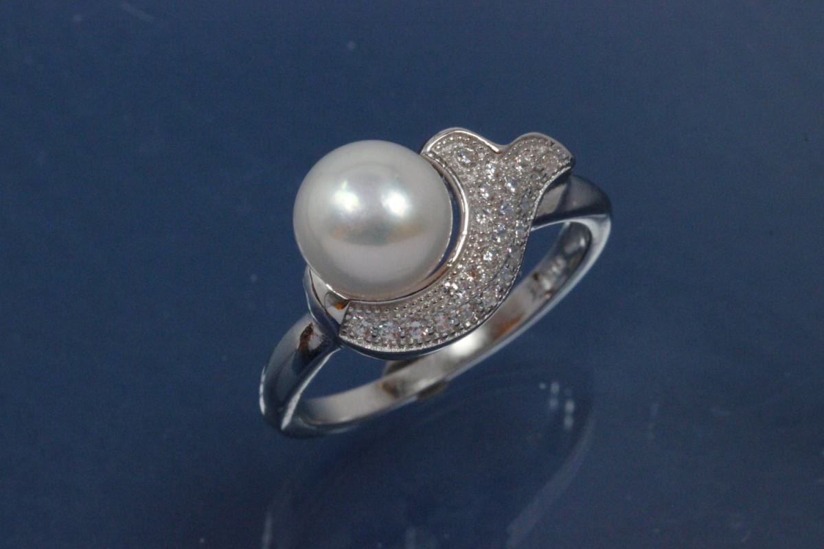 Ring in Pearl-Design 925/- Silver rhodium plated, with white Cubic Zirconia and Freshwater Pearl ca. Ø7,5mm (FWP)