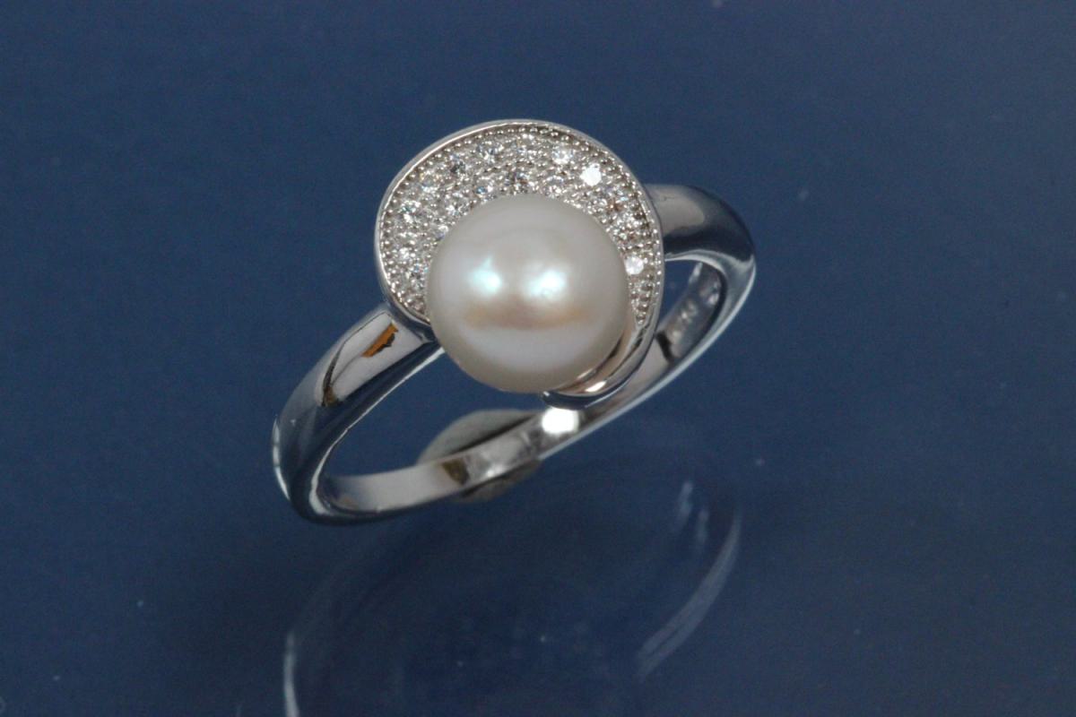 Ring with Half moon in Pearl-Design 925/- Silver rhodium plated, with white Cubic Zirconia and Freshwater Pearl ca. Ø7,6mm (FWP)