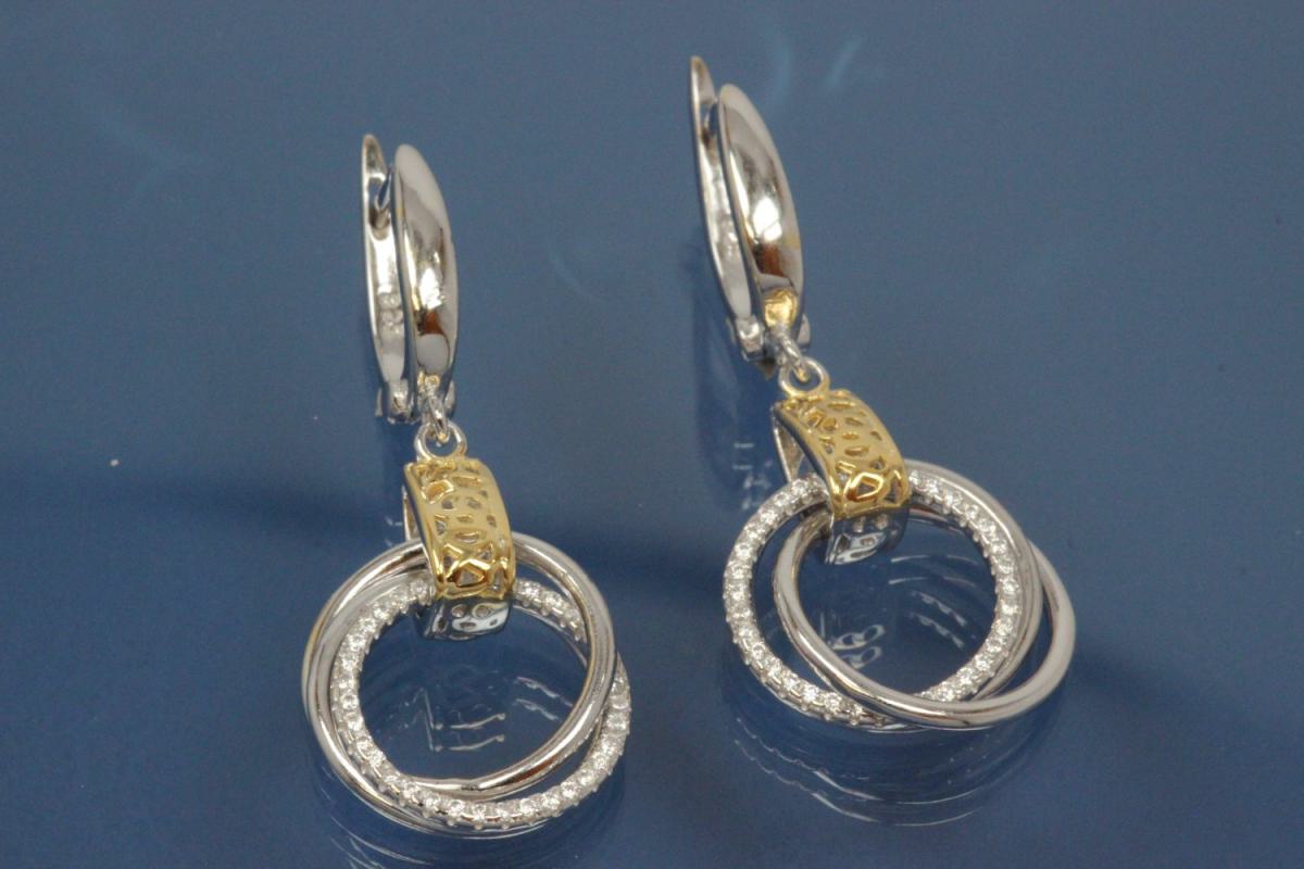 Earring with Rings 925/- silver approx sizes H 37,5mm, B 18mm rhodium plated / partially gold plated with Zirconia with security leverback
