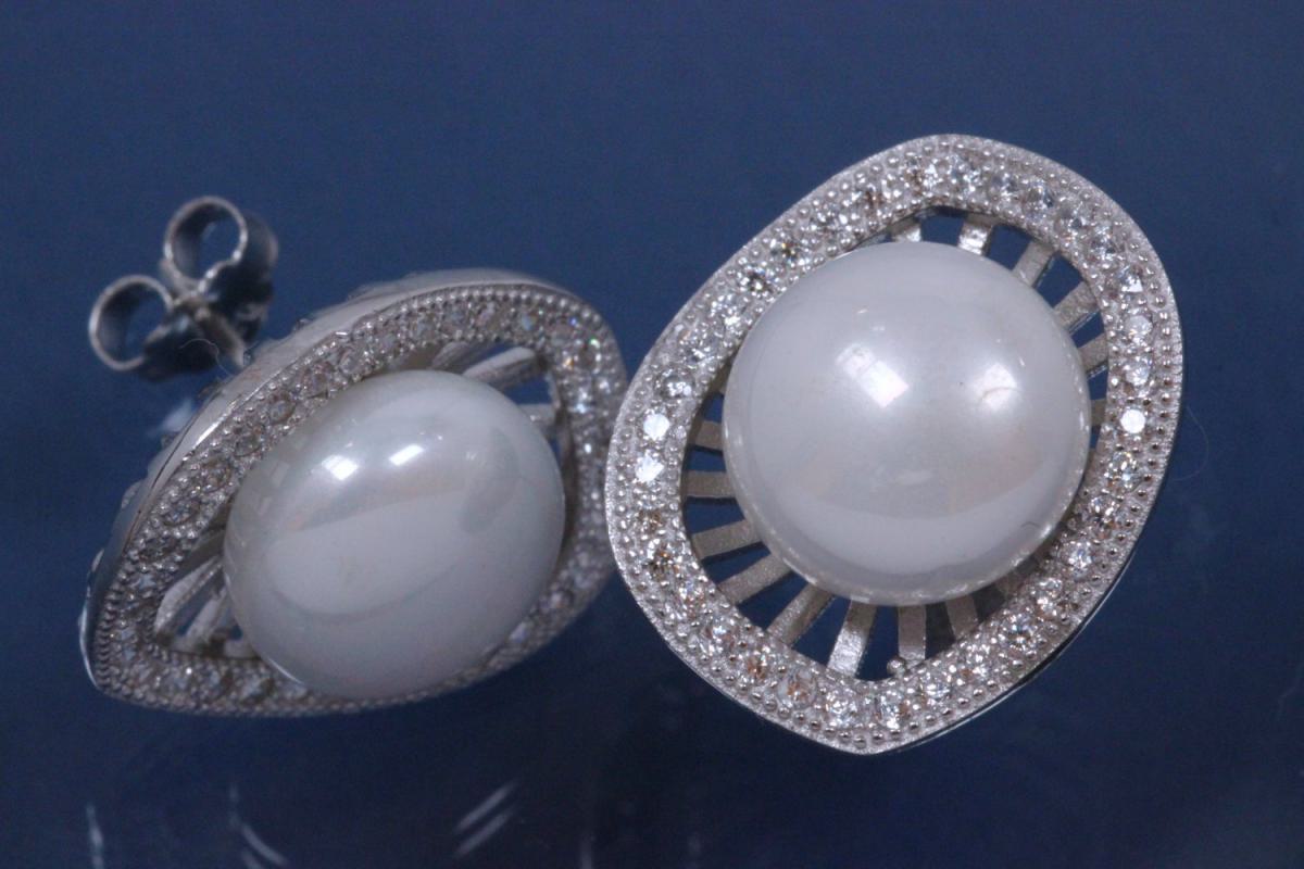 Earrings ca. 17,5 x 14,5mm, 1x Shell-Pearl white ca.Ø10,0mm, with ca.Cubic Zirconia, polished, 925/- Silver rhodium plated