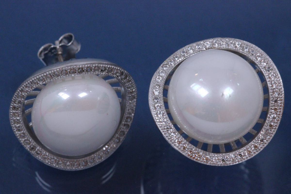 Earrings approx size 17,5 x 17,5mm, 1x Shell-Pearl white ca.Ø10,0mm, with ca.Cubic Zirconia, polished, 925/- Silver rhodium plated