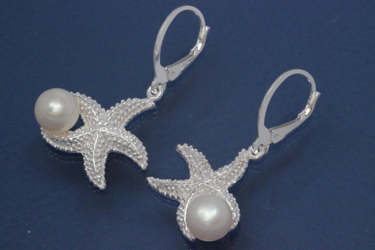 Earring with leverback Seastar and Pearl 925/- Silver polished, approx size high 38mm incl. leverback, wide 22,0mm,  with FW-Pearl approx size Ø7,5mm.