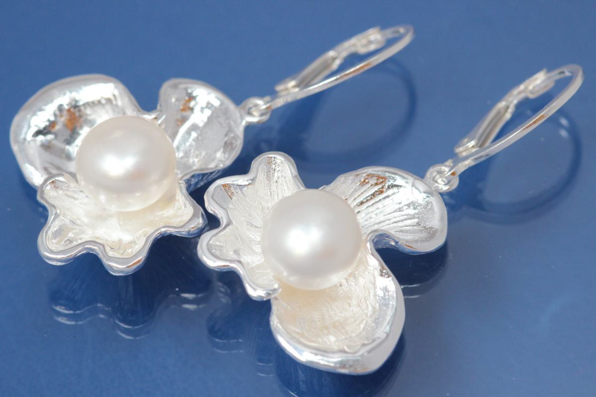 Earring Flower with Pearl 925/- Silver polished, approx size high 41mm incl. leverback, wide 23,5mm,  with FW-Pearl approx size Ø10,0mm.