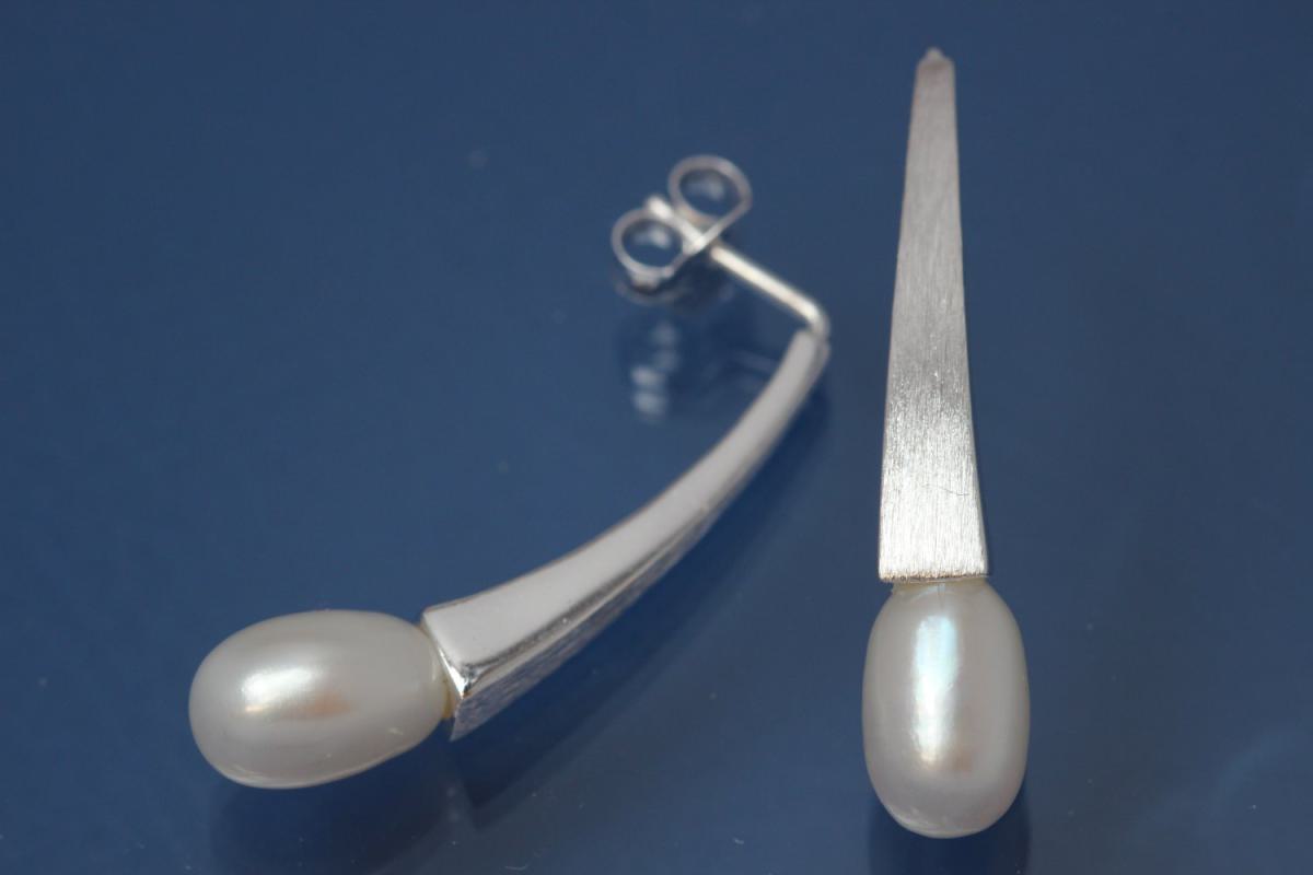 Earring Wedge and Pearl 925/- Silver partially polished / partially sanded, approx size high 33,5mm, wide 4,5mm up to 1,6mm,  thickness 4,6mm up to 2,0mm,  FW-Pearl approx size Ø8,5 x 10,5mm,  ear post length 10,0mm, outside Ø0,9mm,