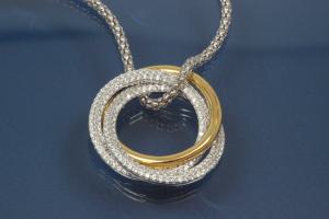 Pendant three Rings 925/- silver rhodium plated / partially gold plated and Zirconia,