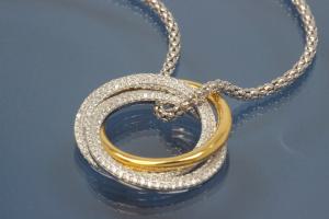 Pendant three Rings 925/- silver rhodium plated / partially gold plated and Zirconia,