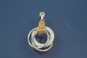 Pendant three Rings 925/- silver rhodium plated / partially gold plated and Zirconia