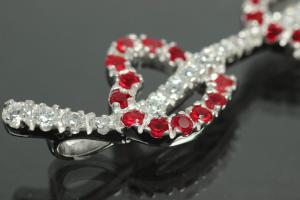 Pendant with two Hearts an bail on backside 925/- Silver rhodium plated with white and red Cubic Zirconia