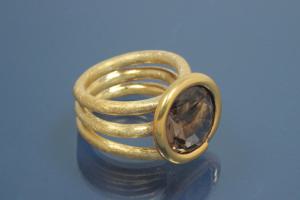 Ring Einzelanfertigung mit facettiertem Rauchquarz, 925/- Silber mit Teilvergoldung und Steiner's Spezialoberflächenmuster,