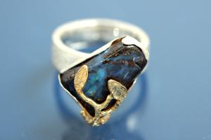 Ring Einzelanfertigung mit Boulder Opal (ca.13,7ct), 925/- Silber mit Teilvergoldung und Steiner's Spezialoberflächenmuster,