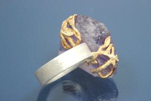 Ring Einzelanfertigung mit natur Amethystnugget, 925/- Silber mit Teilvergoldung und Steiner's Spezialoberflächenmuster,,