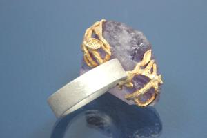 Ring with Amethyst-natural Nugget 925/- Silver partially gold plated, Steiner's special finishing,