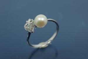 Ring with Heart shape with leaf in Pearl-Design 925/- Silver rhodium plated, with white Cubic Zirconia and Freshwater Pearl ca. Ø7,7mm (FWP)