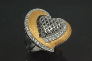 Ring Herz mit Kader 925/- Silber teilrhodiniert / teilvergoldet mit Zirkonia weiß, poliert/mattiert