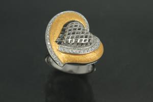 Ring Heart with undergallery 925/- Silver rhodium plated / partially gold plated, with white Cubic Zirconia