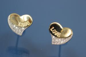 Earring post with Heart 925/- silver, engraved  LOVE, approx sizes H 10,0mm, B 11,5mm rhodium plated / partially gold plated with Zirconia
