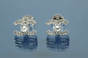 Earring post approx size 7,0 x 10,0mm, with ca.Cubic Zirconia, polished, 925/- Silver rhodium plated