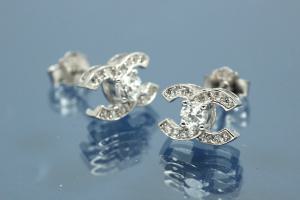 Earring post approx size 7,0 x 10,0mm, with ca.Cubic Zirconia, polished, 925/- Silver rhodium plated