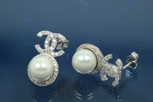 Earring post with Pearl approx size 17,5 x 10,5mm, with ca.Cubic Zirconia, polished, 925/- Silver rhodium plated