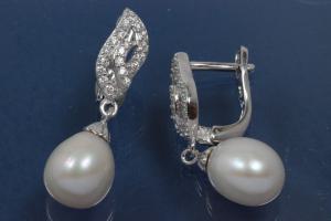Earring with post 925/- Silber,rhodium plated. Length 27,0mm, wide 8,0mm, cubic cirkonia, 1 x Ø8mm white FWP.