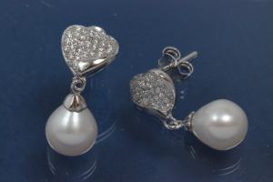 Earring with heart cubic cirkonia, 1 x white FWP Ø7,5mm. 925/- Silber,rhodium plated. Length 21,0mm, wide 9,0mm,