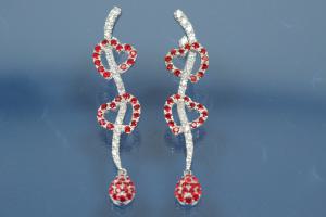 Earring Hearts & Teardrop 925/- Silver rhodium plated with Cubic Zirconia white/red, Width ca. 12,7mm, Length ca. 62,5mm,