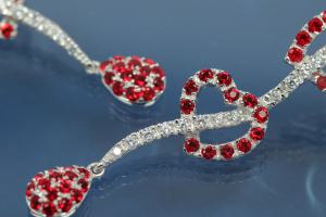 Earring Hearts & Teardrop 925/- Silver rhodium plated with Cubic Zirconia white/red, Width ca. 12,7mm, Length ca. 62,5mm,